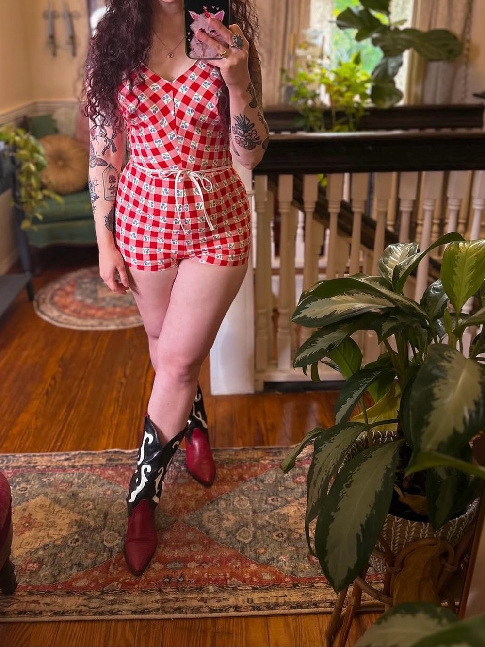 1970s JC Penney Playsuit Red Gingham Romper with Tie Elastic Waist